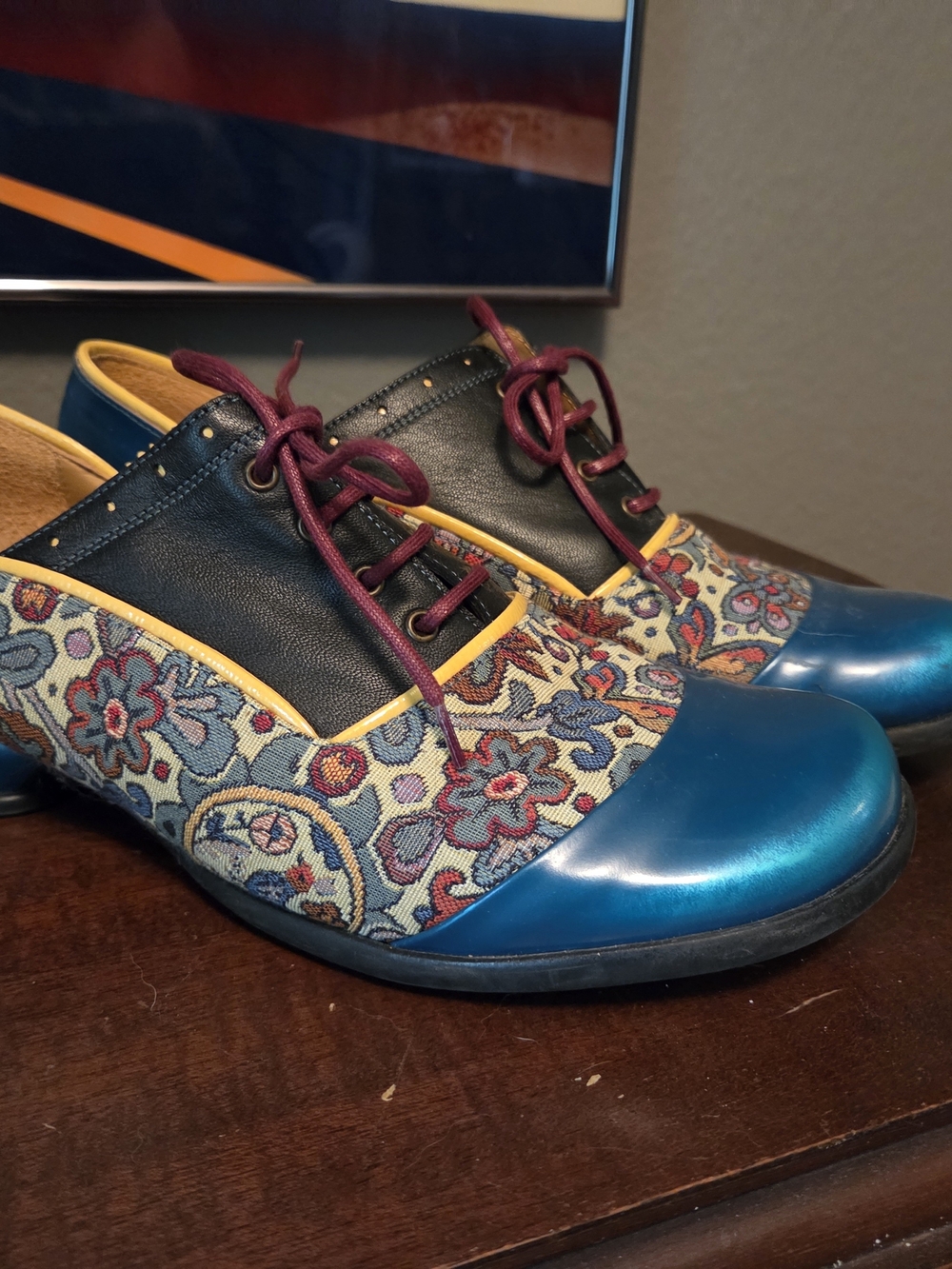 John Fluevog Fellowship Darby Blue Teal Black Floral Oxfords with Burgundy Laces